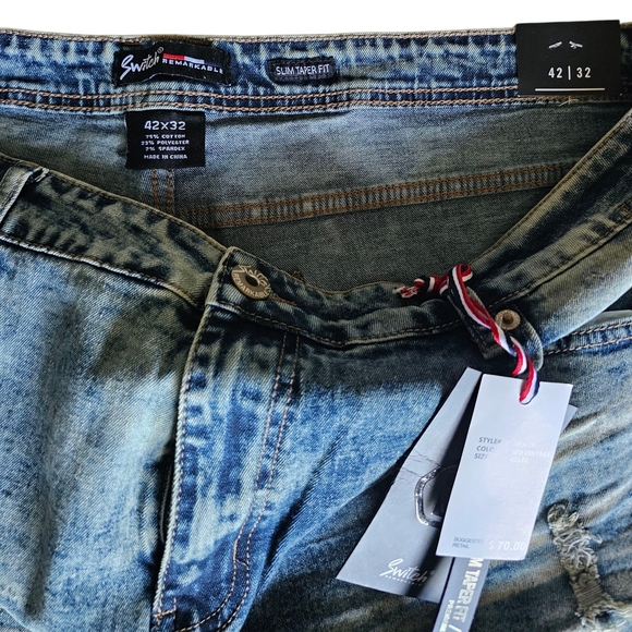 Men's Blue Slim Taper Fit Distressed Jeans with Fading - Picture 7 of 11